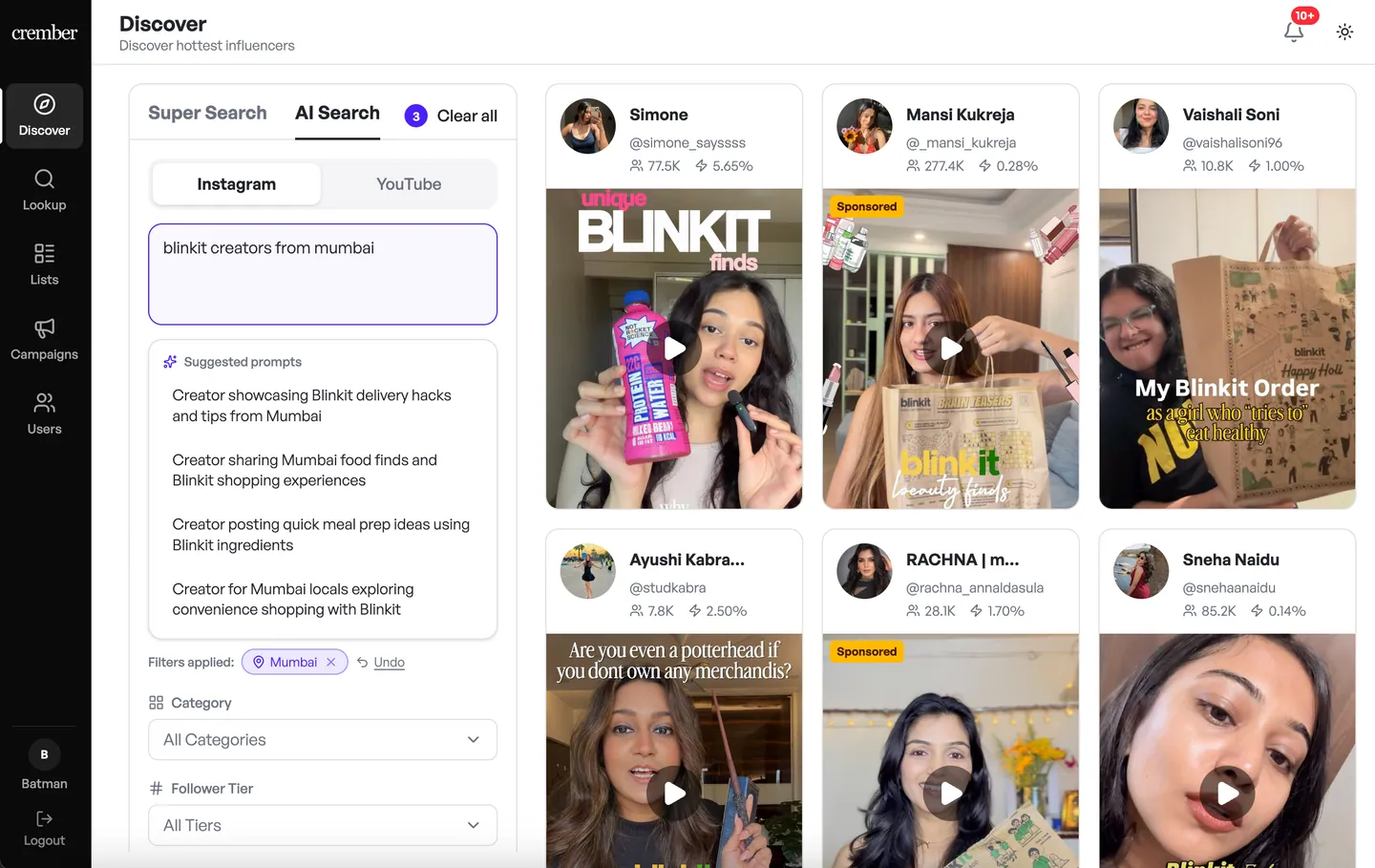 Crember AI search results for "blinkit creators from mumbai"
