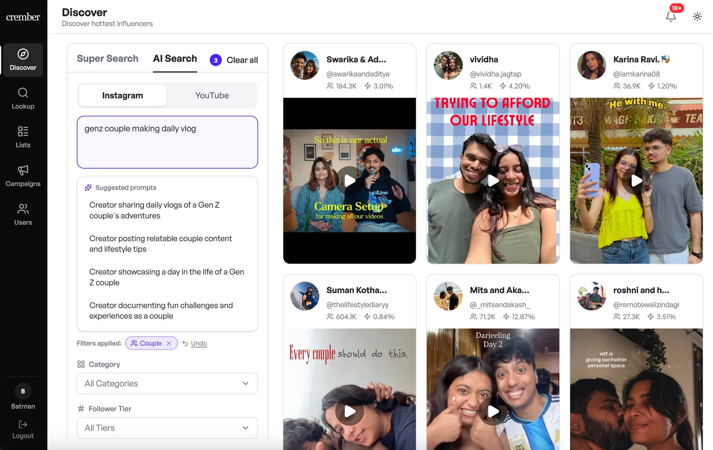 Crember AI search results for "genz couple making daily vlog"