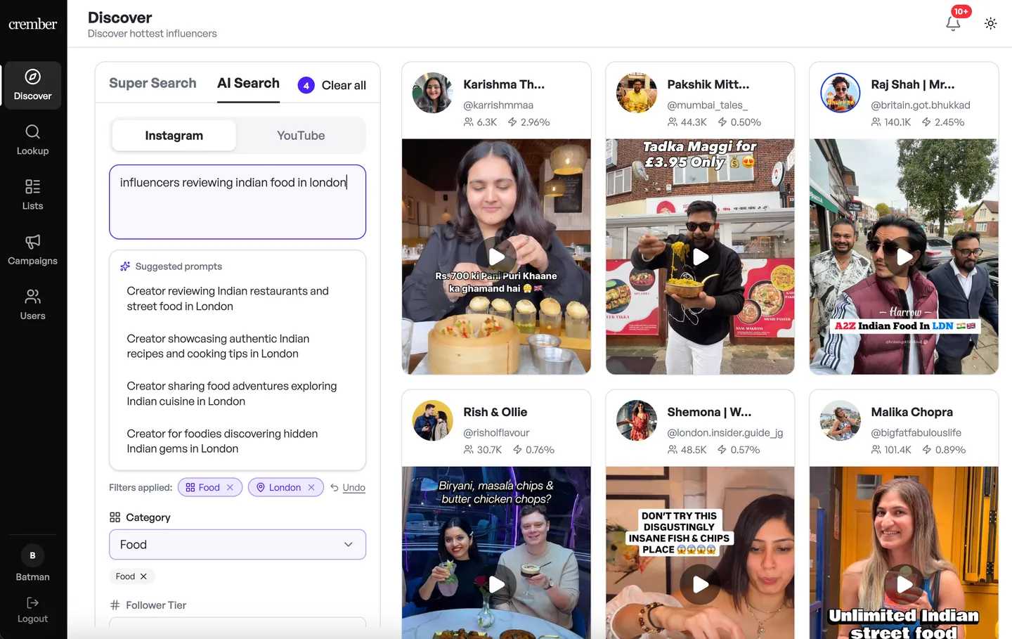 Crember AI search results for "micro influencers reviewing indian food in london"